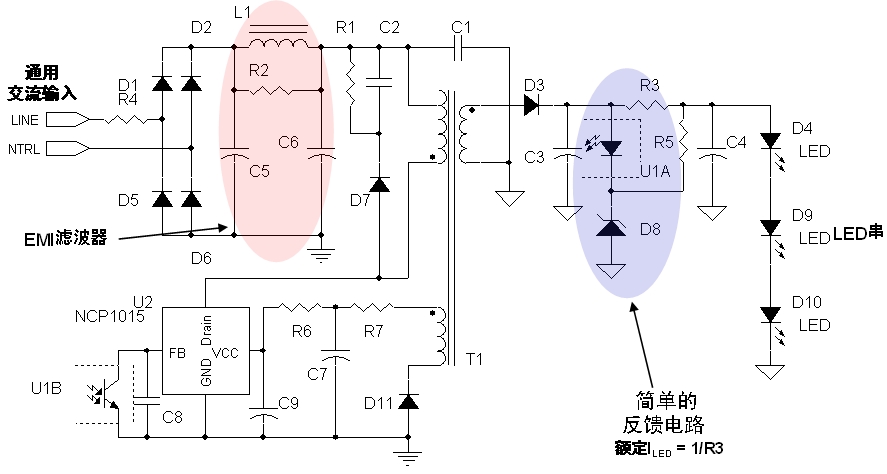 圖2：安森美半導(dǎo)體8 W LED驅(qū)動(dòng)應(yīng)用電路示電圖(輸入電壓為85至264 Vac)。