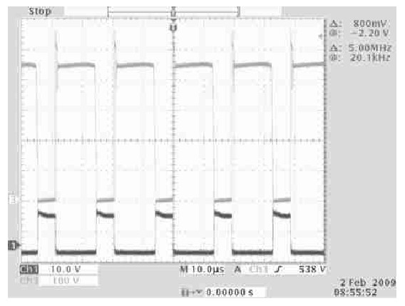 圖5 220V 輸入下一次側(cè)開關(guān)管電壓波形和門極驅(qū)動(dòng)波形