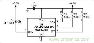 圖1：MAX44000典型電路，包括LED