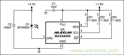 圖2：MAX44000典型電路，帶有發(fā)射器旁路