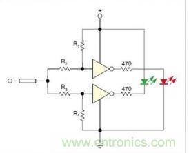 在雙門構(gòu)成的CMOS/TTL兼容探頭中，R1至R4電阻網(wǎng)絡(luò)對反相器輸入端做偏置