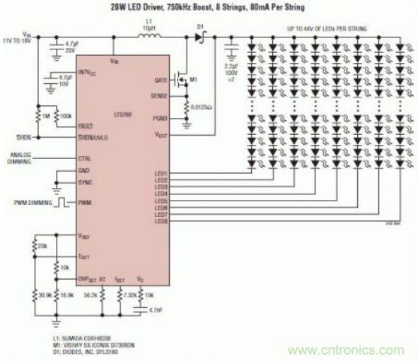采用 LT3760、效率為 90% 的 28W LED 背光照明電路