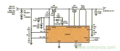 圖2:具反向電流保護(hù)功能的浪涌抑制器可在 VIN上承受 200V/-24V 瞬態(tài)電壓