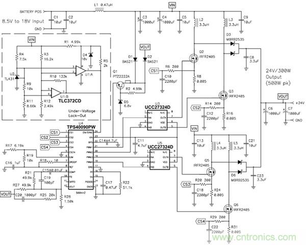 TPS40090 多相降壓控制器的 4 相、300W 升壓電源