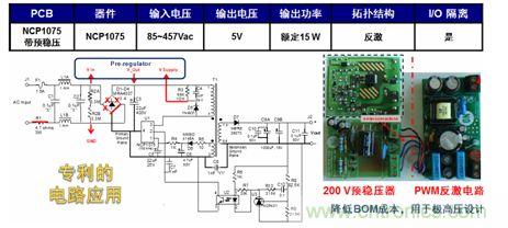 基于NCP1075開關(guān)穩(wěn)壓器和200 V預(yù)穩(wěn)壓器的極寬電壓范圍15 W參考設(shè)計(jì)。