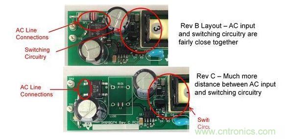 讓輸入布線與具有高 dV/dt 的節(jié)點靠得太近會增加傳導 EMI