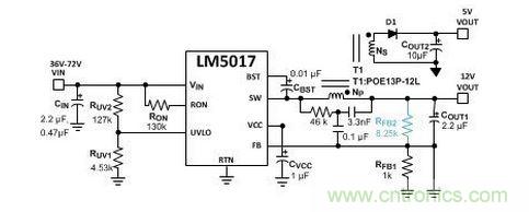 基于 LM5017 的 Fly-Buck 轉換器電路，沒有基于光耦合器的穩(wěn)壓電路