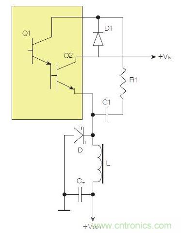 為了實現(xiàn)用兩個元器件提升電源轉(zhuǎn)換效率，芯片上應(yīng)有針對驅(qū)動器晶體管Q1集電極的單獨(dú)引腳。