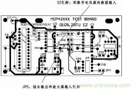 這是對(duì)圖2所示電路的第一次布線嘗試。此配置在模擬線路上產(chǎn)生不規(guī)律的噪聲，這是因?yàn)樵谔囟〝?shù)字走線上的數(shù)據(jù)輸入碼隨著數(shù)字電位器的編程需求而改變。