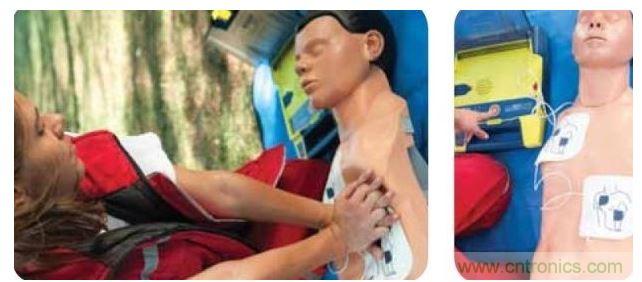 胸部按壓CPR(左圖)迫使血液循環(huán)，為大腦及其它生命器官供血，直到AED重啟心臟(右圖)。