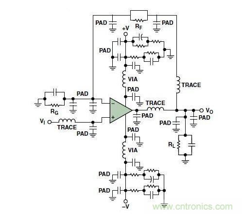 典型的運(yùn)算放大器電路，(a)原設(shè)計圖，(b)考慮寄生效應(yīng)后的圖