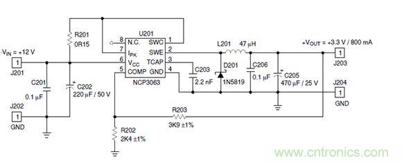 Buck電路應(yīng)用實(shí)例-輸入9~12V,輸出3.3V 800mA電路