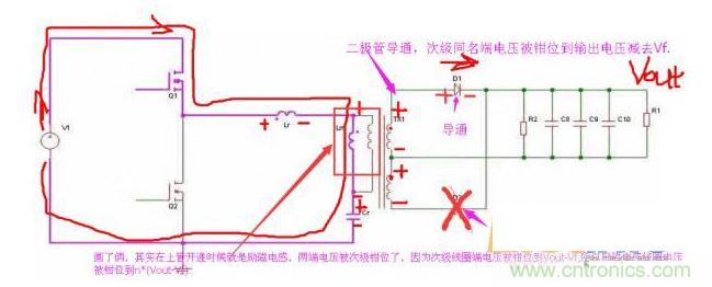 上管開通，注意諧振電感、勵磁電感、諧振電容的正負(fù)