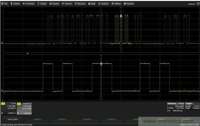 使用CustomDSO運(yùn)行VB腳本“zoom_Track.lss”。當(dāng)腳本運(yùn)行時(shí)，縮放波形的中心將跟蹤水平的光標(biāo)絕對(duì)位置。從圖中可以看出，光標(biāo)將永遠(yuǎn)位于縮放波形Z1的中心