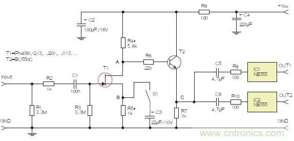 圖3：采用兩個(gè)工作在不同頻率下的555定時(shí)器電路，以獲取不同的音效。