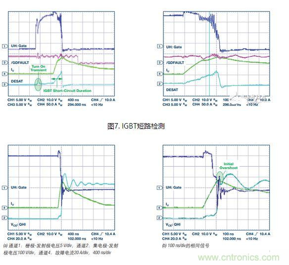 過流關(guān)斷時(shí)序延遲（通道1：柵極-發(fā)射極電壓10 V/div；通道2：來(lái)自 控制器的PWM信號(hào)5 V/div；通道3：低電平有效跳變信號(hào)5 V/div；100 ns/div）