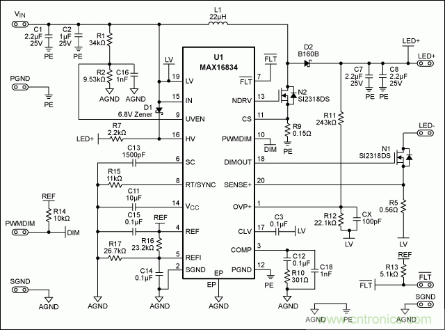 采用MAX16834設計buck-boost LED驅(qū)動器