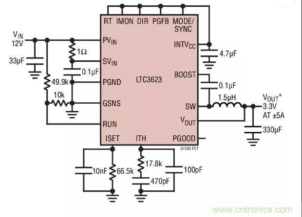 高效率、15V 軌至軌輸出同步降壓型穩(wěn)壓器能提供或吸收 5A