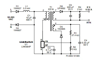 LinkSwitch-LP 系列旨在取代手機(jī)/無繩電話、PDA、數(shù)碼相機(jī)和便攜式音頻播放器等應(yīng)用中輸出功率 < 2.5 W 的低效線頻線性變壓器電源。LinkSwitch-LP 還可用作白色家電等應(yīng)用中的輔助電源。  LinkSwitch-LP 將高壓功率 MOSFET 開關(guān)與 ON/OFF 控制器集成在一個(gè)設(shè)備中。它完全由漏極引腳自供電，具有低 EMI 的抖動(dòng)開關(guān)頻率，并且具有全面的故障保護(hù)。自動(dòng)重啟可限制過載和輸出短路條件下的器件和電路耗散，而遲滯過溫保護(hù)會(huì)在熱故障期間禁用內(nèi)部 MOSFET。EcoSmart 技術(shù)使設(shè)計(jì)能夠輕松實(shí)現(xiàn) < 150 mW 的空載功耗，滿足能源效率要求。  LinkSwitch-LP 的設(shè)計(jì)目的是在輸出功率低于 2.5 W 時(shí)無需初級側(cè)鉗位電路，從而顯著減少組件數(shù)量和總系統(tǒng)成本。圖 1 顯示了基于 LinkSwitch-LP 的 2 W 電源，不帶初級側(cè)鉗位。LinkSwitch-LP 系列經(jīng)過優(yōu)化，當(dāng)變壓器上的輔助或偏置繞組提供反饋時(shí)，可提供近似的 CV/CC 輸出特性。這非常適合取代工頻變壓器的應(yīng)用，提供兼容的輸出特性，但過載、短路電流和輸入線電壓變化較小。  　  在無鉗位設(shè)計(jì)中使用 LinkSwitch-LP 的基本電路原理圖。  快速開始  　 LinkSwitch-LP 反激式設(shè)計(jì)流程圖