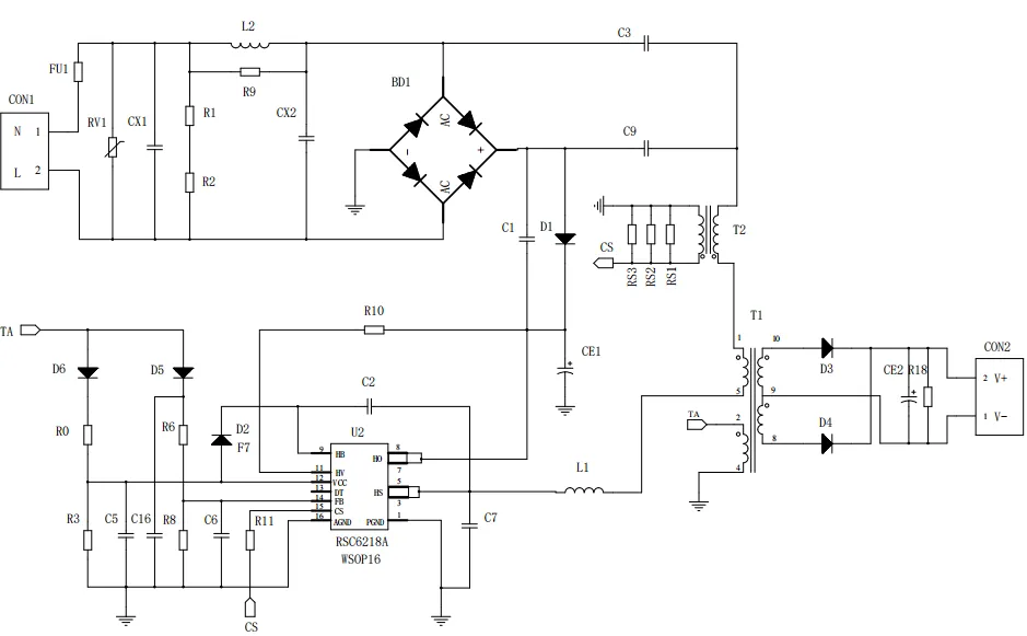 一、LED驅(qū)動模塊RSC6218A REASUNOS(瑞森半導(dǎo)體)通過持續(xù)投入研發(fā)，提升LLC應(yīng)用技術(shù)，集成控制芯片與功率轉(zhuǎn)換，成功推出新一代產(chǎn)品RSC6218A WSOP-16，延續(xù)瑞森LLC拓撲方案，時機趨勢完全迎合我國雙碳政策，電氣特性契合新版國標GB/T 17625.1-2022和歐盟新版ERP認證EU2019/2020雙重法規(guī)，專為中小功率的產(chǎn)品提供優(yōu)秀的方案；接下來會分幾個篇章持續(xù)介紹新方案產(chǎn)品的應(yīng)用資料和設(shè)計實例分享：  RSC6218A功率模塊內(nèi)部集成CS-CP-LLC電源半橋模塊和功率轉(zhuǎn)換模塊，延續(xù)瑞森主題設(shè)計方向單級實現(xiàn)高PF無頻閃技術(shù)和LLC諧振軟開關(guān)技術(shù)方案：該型號適用于5-18W功率段；具備高轉(zhuǎn)換效率(90%+)，高PF(>0.96)，低THD(<10%)，小型化(縮小PCB面積10-25%)，通過優(yōu)化產(chǎn)品內(nèi)部設(shè)計提升產(chǎn)品內(nèi)部功率器件的開啟與關(guān)閉性能，避免干擾發(fā)生，最高工作頻率達200KHZ，實現(xiàn)WSOP-16封裝兼顧散熱與小型化；并且內(nèi)部可自動設(shè)置死區(qū)時間，讓方案可靠易設(shè)計。 產(chǎn)品可廣泛應(yīng)用于： 1.護眼系列燈具：如教室燈、辦公燈、護眼臺燈、壁燈、閱覽室燈等； 2.家居類燈具：如客廳燈、臥室燈、兒童房燈、廚房燈、走廊燈等； 3.軌道類燈具：地鐵照明、高鐵照明、隧道照明、車站照明等； 4.商照類燈具：筒燈、射燈、投射燈、 亮化燈、防爆燈等； 方案起到提供高效，穩(wěn)定，長壽命的作用。 二、產(chǎn)品功能框架  三、IC各PIN腳功能說明  PIN1 PGND 功率地，內(nèi)部是連接低邊MOS的S端地線； PIN2  NC  PIN3  HS 半橋MOS低邊漏極PIN； PIN4  HS 半橋MOS低邊漏極PIN； PIN5  HS 半橋MOS高邊源極PIN； PIN6  HS 半橋MOS高邊源極PIN； PIN7  NC  PIN8  HO 半橋MO高邊漏極； PIN9  HO 半橋MOS高邊漏極； PIN10 HB 半橋驅(qū)動高邊電源，通過外置的一個二極管與電容組成自舉回路，為高邊 MOS 的開啟提供電平； PIN11 VIN 高壓啟動的輸入腳，最高耐壓可達DC600V，啟動電流在1.7mA，一般應(yīng)用是從高壓電解處串接一個1206100K電阻引到PIN1，在整個環(huán)路還未建立起來時，是靠這個引腳的供電通過內(nèi)部連接到PIN6VCC，然后把VCC電容慢慢充電到芯片的啟動電壓后，芯片開始工作。整個環(huán)路建立起來后，VIN腳內(nèi)部關(guān)斷，VCC 通過外部變壓器輔助繞組供電維持正常工作； PIN12  VCC 信號電源引腳， 工作電壓范圍 8-20V，工作電流在 0.8mA，靜態(tài)工作電流是 720uA； PIN13  NC DT懸空腳； PIN14 FB  電壓反饋輸入，VFB中心值是1.2V，該引腳的功能主要是限定空載電壓的最大幅度，該芯片空載保護屬于打嗝模式，可以有效降低空載損耗，能效要求輕松符合小于0.5W的要求； PIN15  CS 電流采樣正弦波信號輸入該PIN腳是通過線路中的互感電感采樣得到全波的正弦波信號， 通過電阻轉(zhuǎn)換為電壓信號后，輸入到CS PIN腳， 內(nèi)部連接到壓控振蕩器，根據(jù)輸入進來的電壓幅值大小，以及正弦波的頻率，壓控振蕩器輸出對應(yīng)的方波來控制LG與HG端的MOS開關(guān)頻率，實現(xiàn)恒流調(diào)節(jié)控制； PIN16  AGND 信號地參考電平，主要連接 VCC，F(xiàn)B 對應(yīng) PIN 腳的元件地線。 四、關(guān)鍵PIN腳參數(shù)設(shè)定范圍  五、典型應(yīng)用原理圖  關(guān)注瑞森半導(dǎo)體公眾號，接下來持續(xù)分享具體案例的設(shè)計參考文檔，攜手各伙伴們實現(xiàn)新版國標GB/T17625.1-2022的順利達標，為工程師縮短開發(fā)周期，讓工廠端得到滿意的產(chǎn)品，給客戶一個滿意的答卷，得到需要的利潤空間。